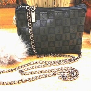 BORGHESE ROMA Crossbody Satin GEO w Shoulder Strap Chain & Faux Fur Pom Charm